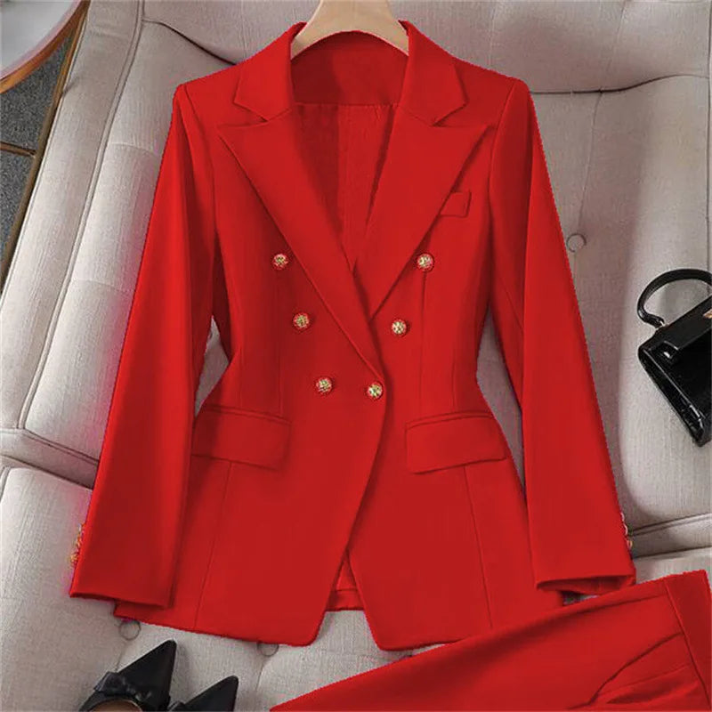Retro Fashionable Women's Suiting Jacket And Pants Set Casual Design Spring Autumn Korean Style Slim Fit Commute Ready