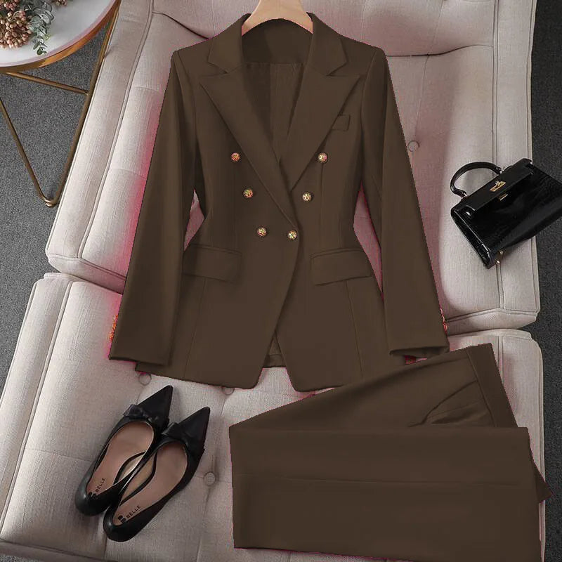 Retro Fashionable Women's Suiting Jacket And Pants Set Casual Design Spring Autumn Korean Style Slim Fit Commute Ready
