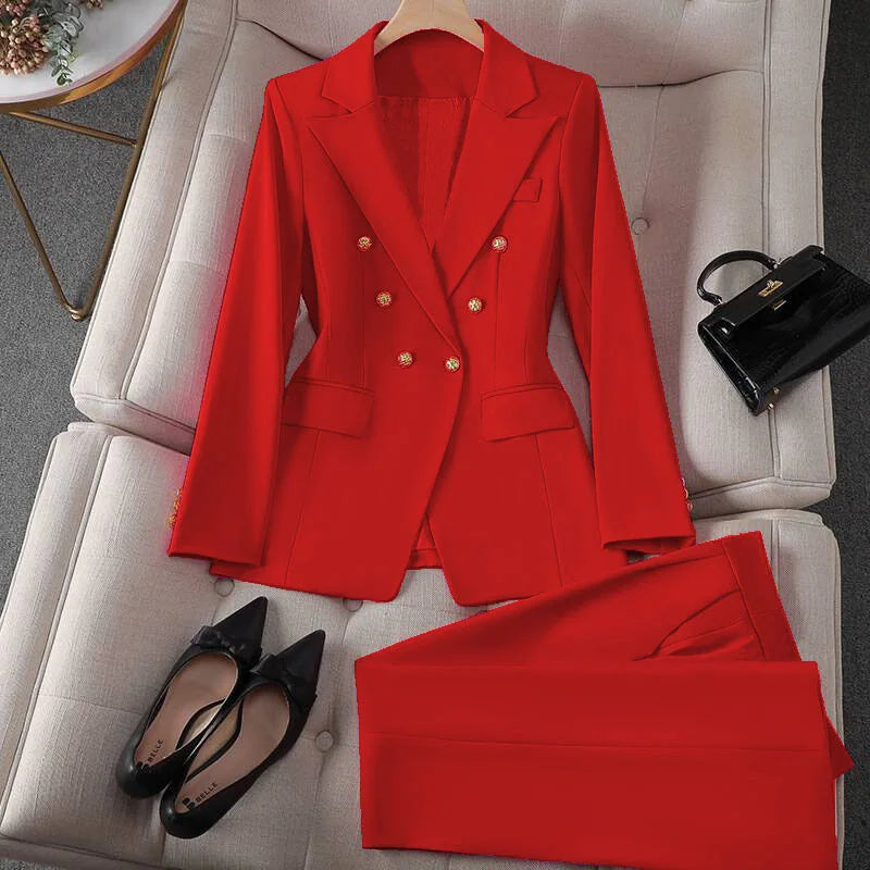 Retro Fashionable Women's Suiting Jacket And Pants Set Casual Design Spring Autumn Korean Style Slim Fit Commute Ready