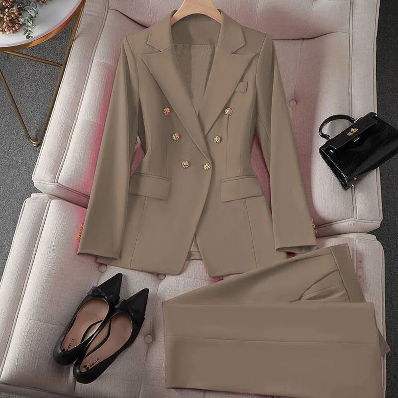 Retro Fashionable Women's Suiting Jacket And Pants Set Casual Design Spring Autumn Korean Style Slim Fit Commute Ready