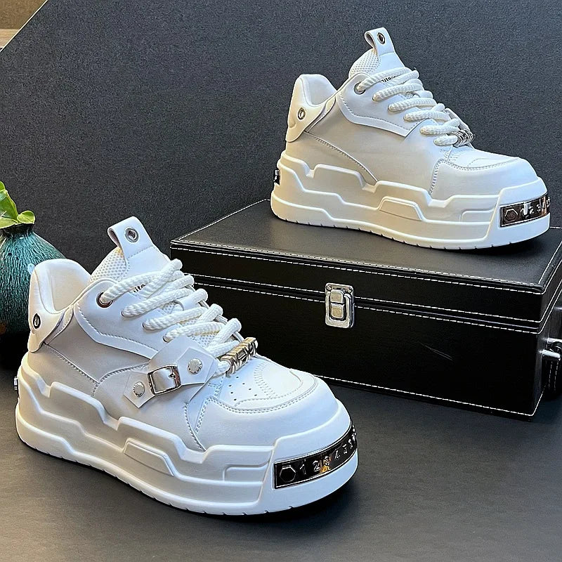 Men's Retro-design Platform Sneakers, Suitable for All Seasons, New High-end Casual White Sneakers, Non-slip and Comfortable.