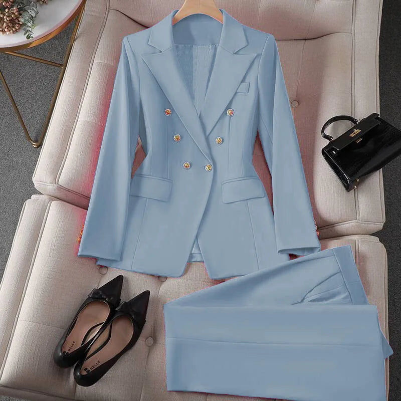 Retro Fashionable Women's Suiting Jacket And Pants Set Casual Design Spring Autumn Korean Style Slim Fit Commute Ready