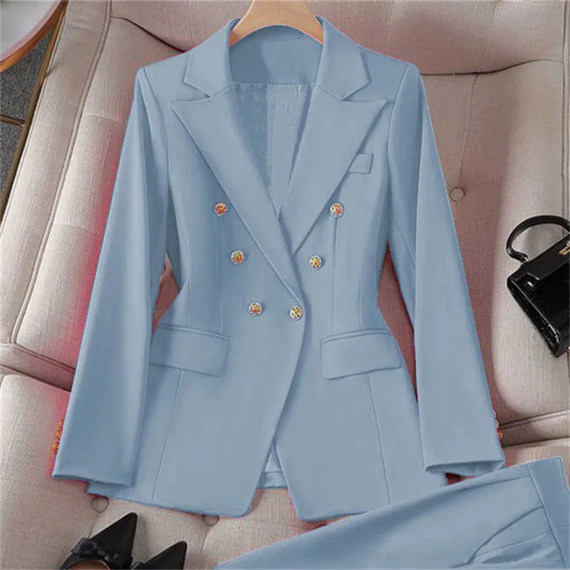 Retro Fashionable Women's Suiting Jacket And Pants Set Casual Design Spring Autumn Korean Style Slim Fit Commute Ready